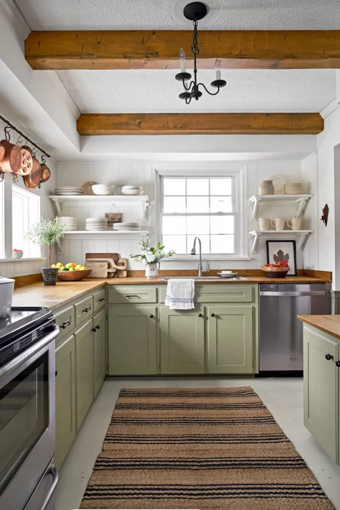 Green kitchen with peel and stick counter tops